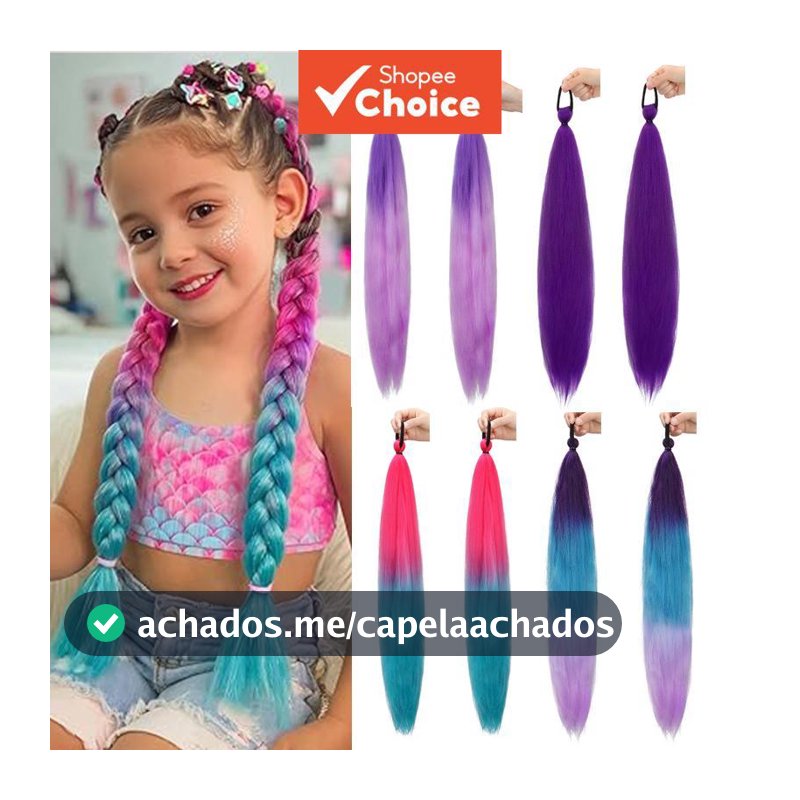 Extensões De Rabo De Cavalo Trançado Colorido Para Crianças , 2 Peças , 60cm , Postiços Retos Sintéticos Com Faixa Elást