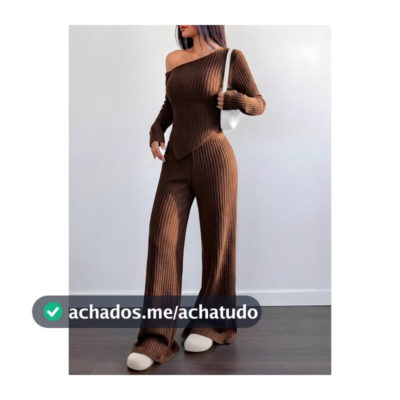Conjunto Mila Feminino Blusa Assimétrica Manga Comprida  + Calça Pantalona Malha Ribana Moda Inverno