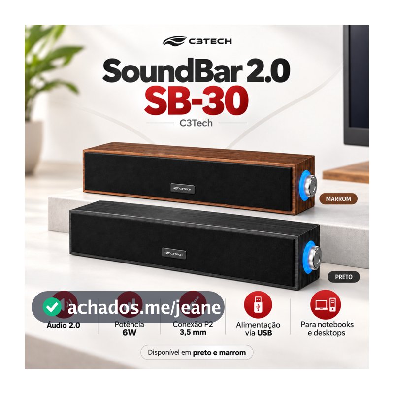 SoundBar C3Tech SB-30BW 6W Estilo Retro Acabamento de Madeira Audio 2.0 USB Conexao Audio p2 3,5mm Caixa de Som Sondbar