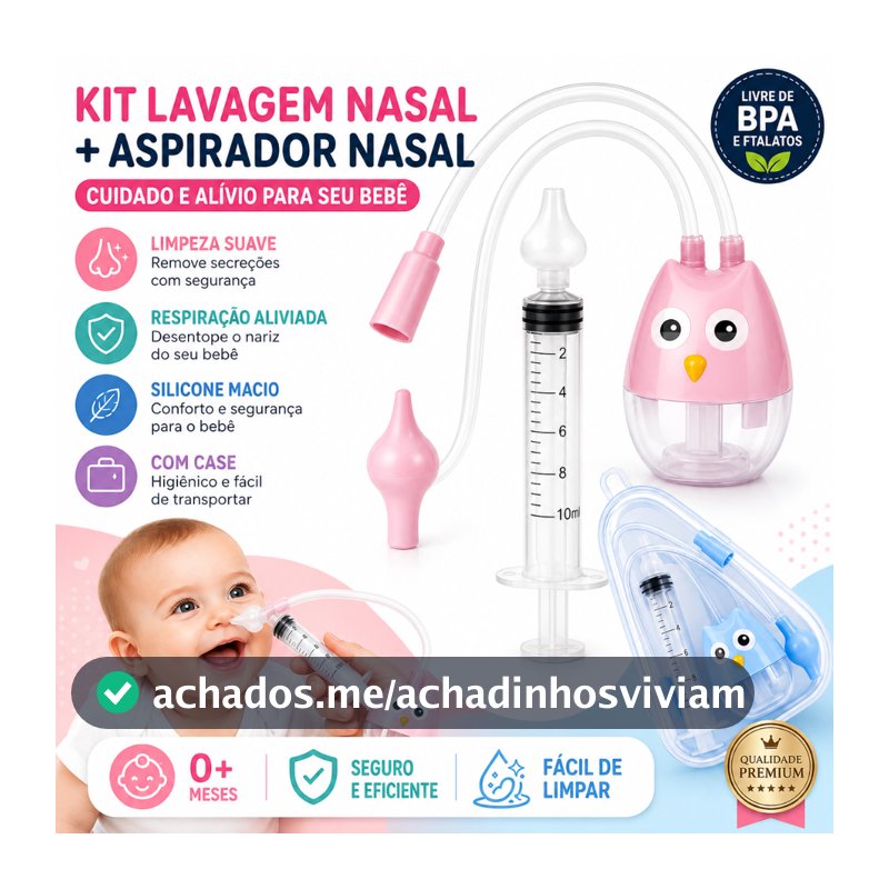 Seringa Lavagem Nasal Bebê + Aspirador Nasal Infantil Silicone BPA FREE Higiene Nariz com Case