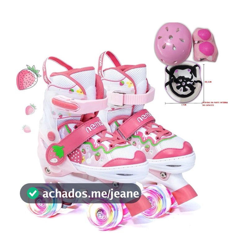 Patins 4 Rodas Infantil Morango Meninas Com Led Freios + Kit Proteção Semi Professional