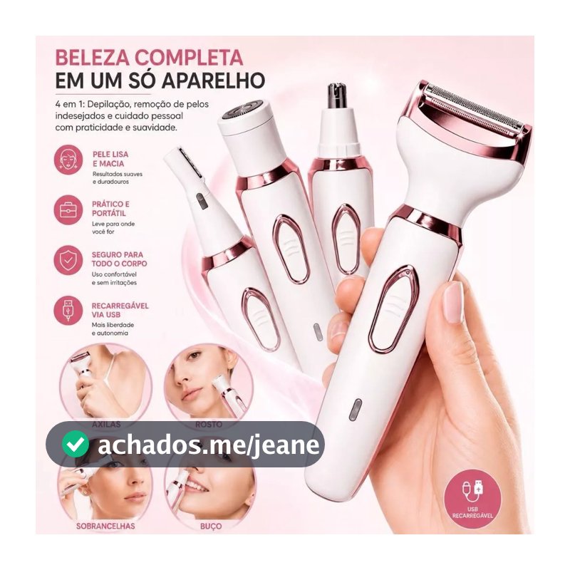 Depilador Elétrico Feminino 4 em 1 Sem Dor Recarregável USB para Corpo Rosto e Sobrancelha