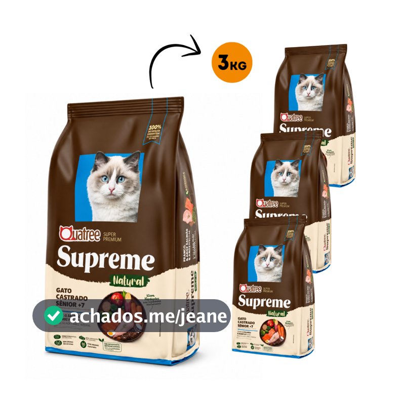 3Kg Ração Seca Quatree Supreme Gato Sênior Castrado Frango E Salmão