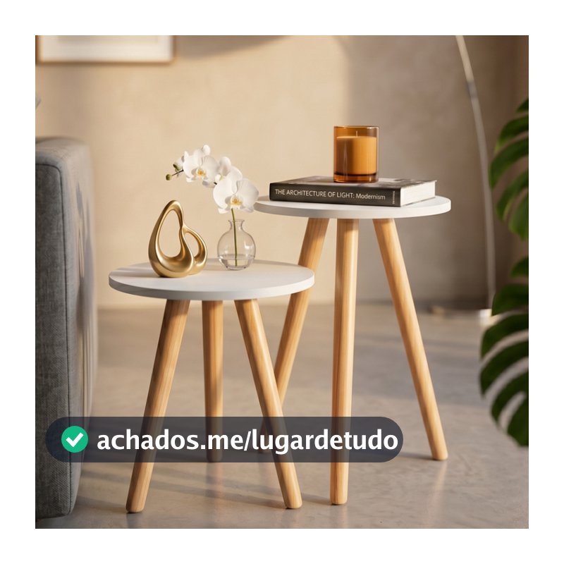 Conjunto de Mesinha Lateral Redonda Sala Pe Madeira Retro Sala Quarto