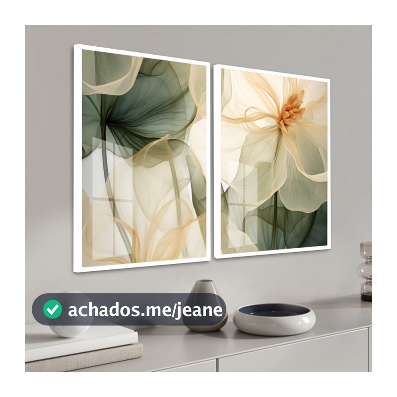 Quadro Moldura e Vidro Kit 2 Peças Grandes Flor Bege e Verde Decoração Sala Quarto Escritório