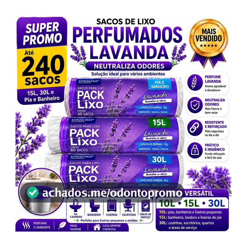 Saco de Lixo Perfumado Lavanda -- até 160 Un - Reforçados p/ Pia Banheiro Cozinha 34x38cm Anti Odor