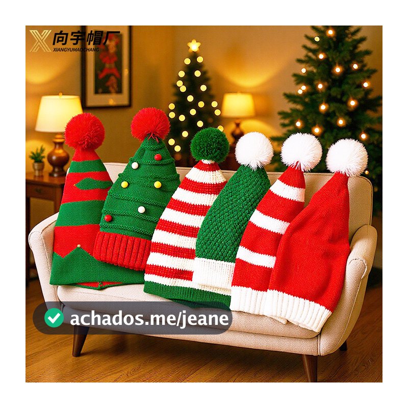 Gorro de Natal de Malha com Pompom | Listras Vermelhas e Verdes | Festa