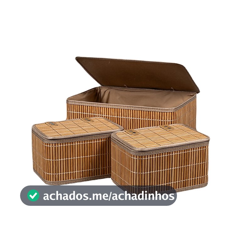 Conjunto 3 Caixa Cesto Organizador Retangular Bambu Tampa 23 36cm Marrom Decoração Casa Premium