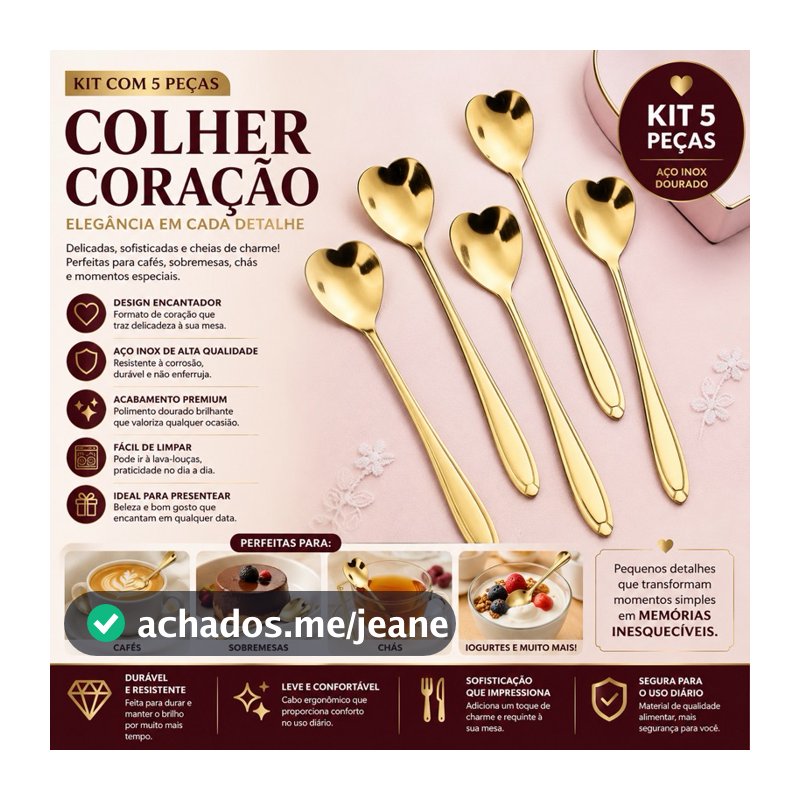 Kit 5 Colheres Coração Fofa para Cozinha Mesa Posta Douradas Café Sobremesa Chá Aço Inoxidável
