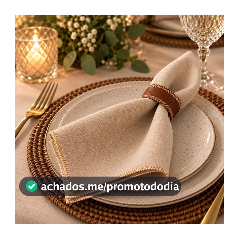 Kit Guardanapos Mesa Posta Luxo com Anéis em Couro 35x35cm Casamento Buffet Eventos