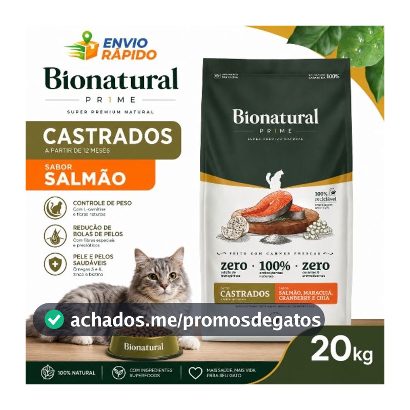 Ração Bionatural Para Gatos Castrados sabor Salmão 20 KG Ração Super Premium