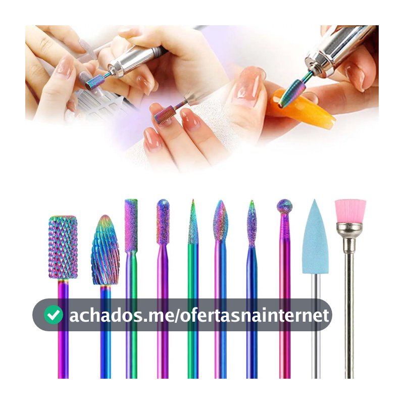 Kit 10 Brocas Tungstênio Diamantada + Caixa Suporte Broca Unhas Gel Fibra Alongamento Lixa Manicure