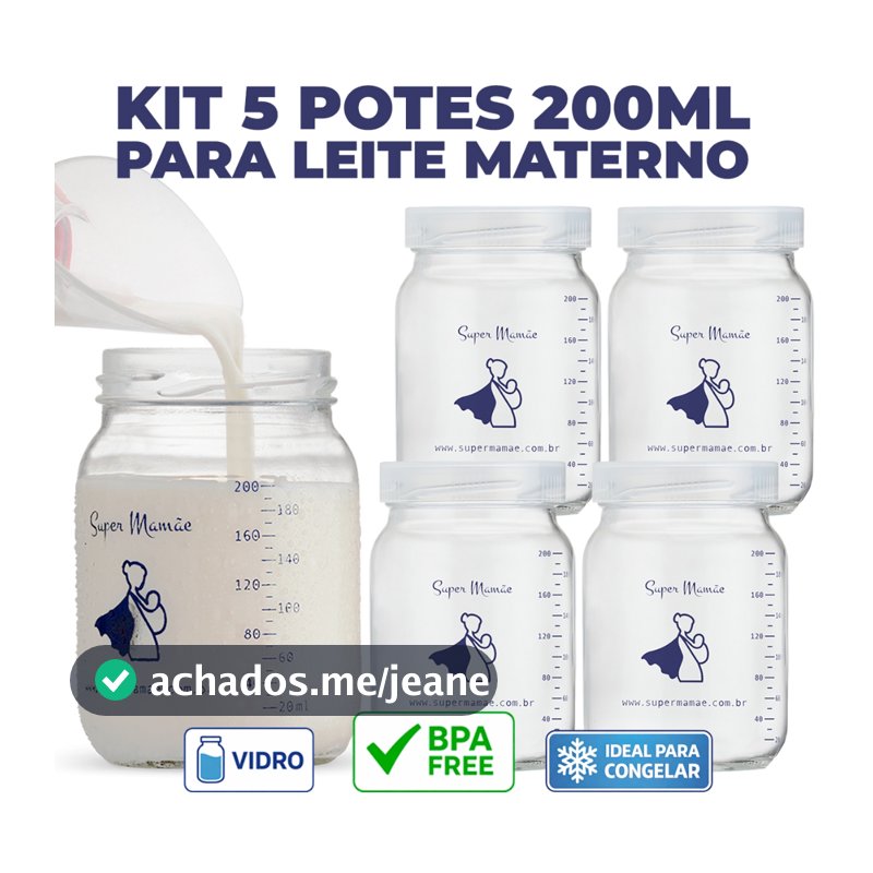 Kit com 5 Potes de Vidro para Armazenar Leite Materno 200ml Com Graduação
