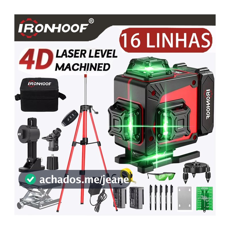Nivel a Laser 16 Linhas com Tripé Verde Profissional Recarregável 2 Bateria