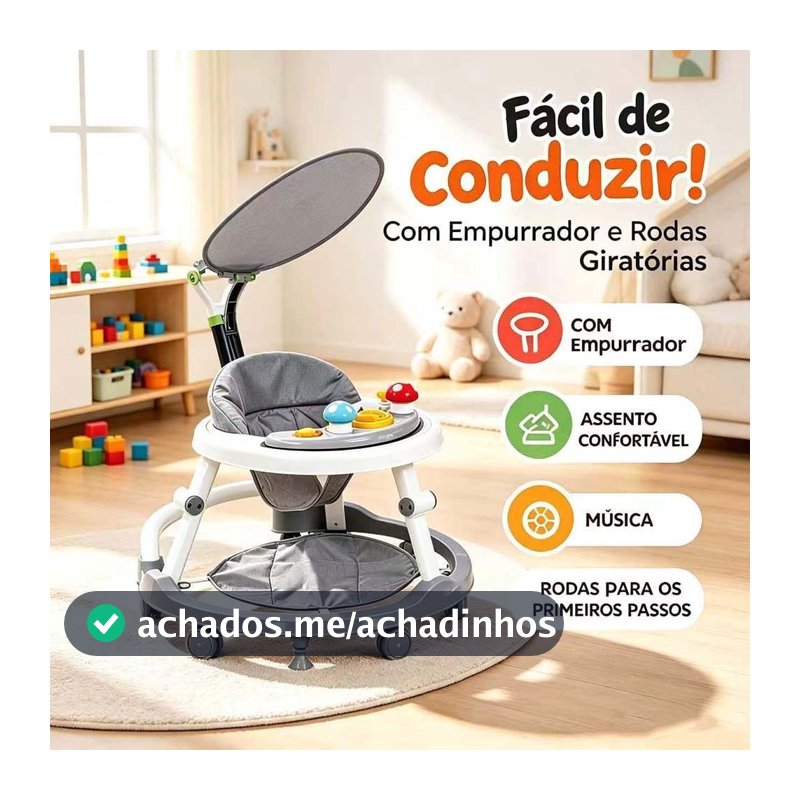 Andador Bebê Musical com Capota e Altura Ajustável - Para Meninos e Meninas, Seguro e Confortável