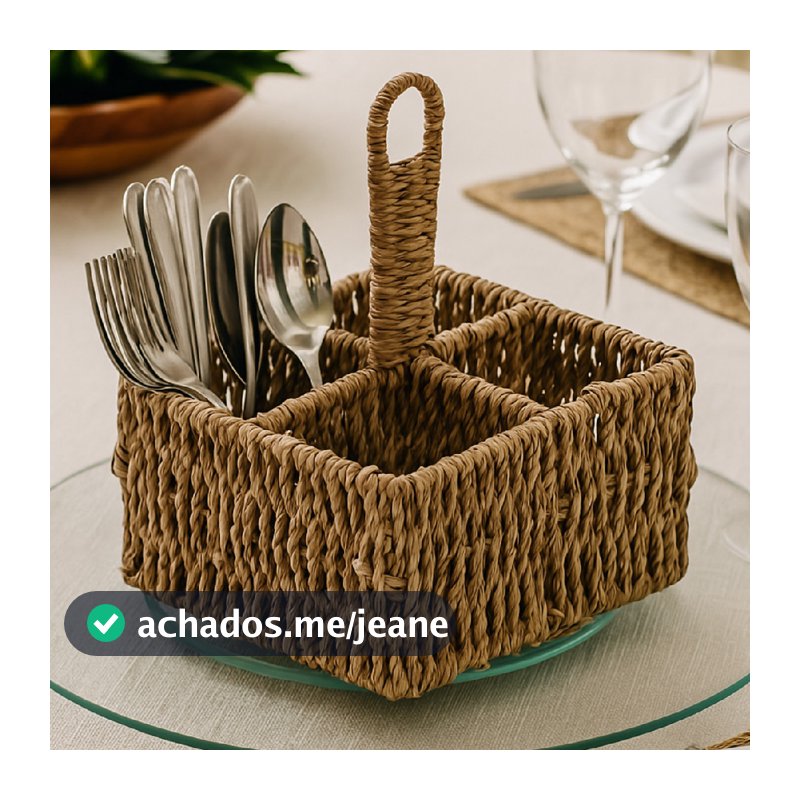 Porta Talheres Wolff em Sisal Grande com Pegador Mesa Posta Requintada Luxo Clássica Churrasco Marrom Organizadora