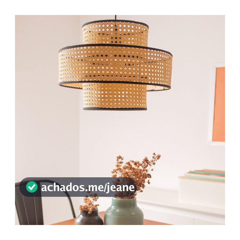 luminária pendente tela 40cm degradê palha indiana  rattan moderna - Oikos