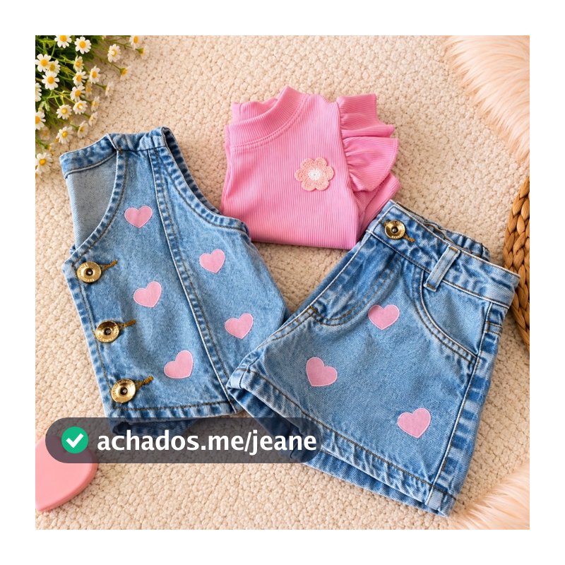 Conjunto Jeans Infantil 3 peças Menina Luxo Tendência Blogueirinha Cerejinha, Coração, Laços, Flores