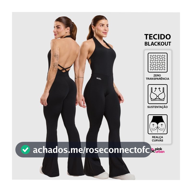 Macacão Fitness Feminino Flare Costa Nua Trançado Decote U Frente Única Blackout Zero Transparência