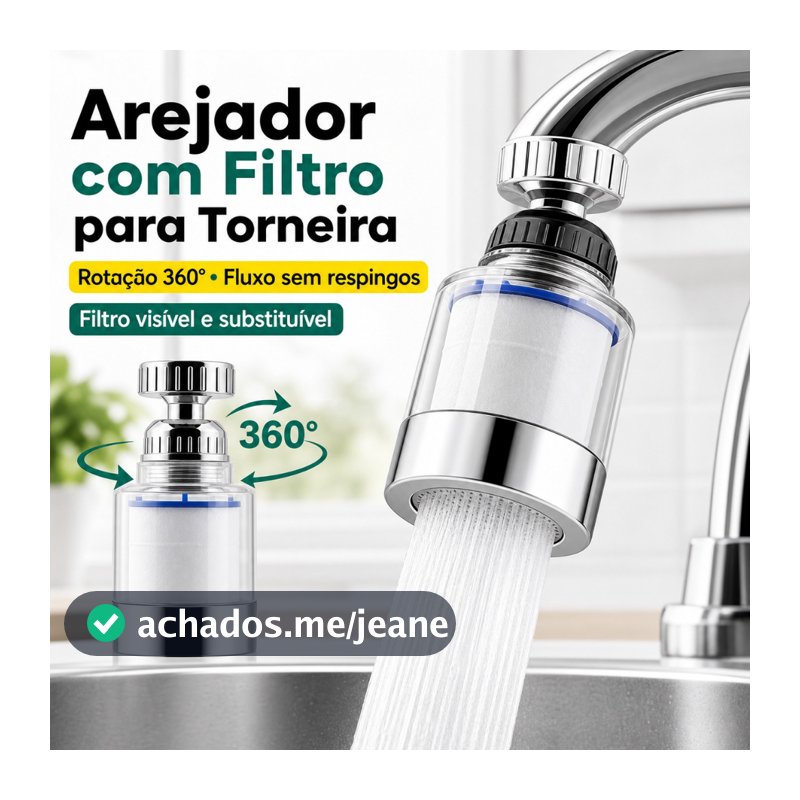 Filtro para Torneira 360° com Arejador Antirrespingo e Cartucho Visível Removível, Rosca 22 mm para Cozinha e Banheiro