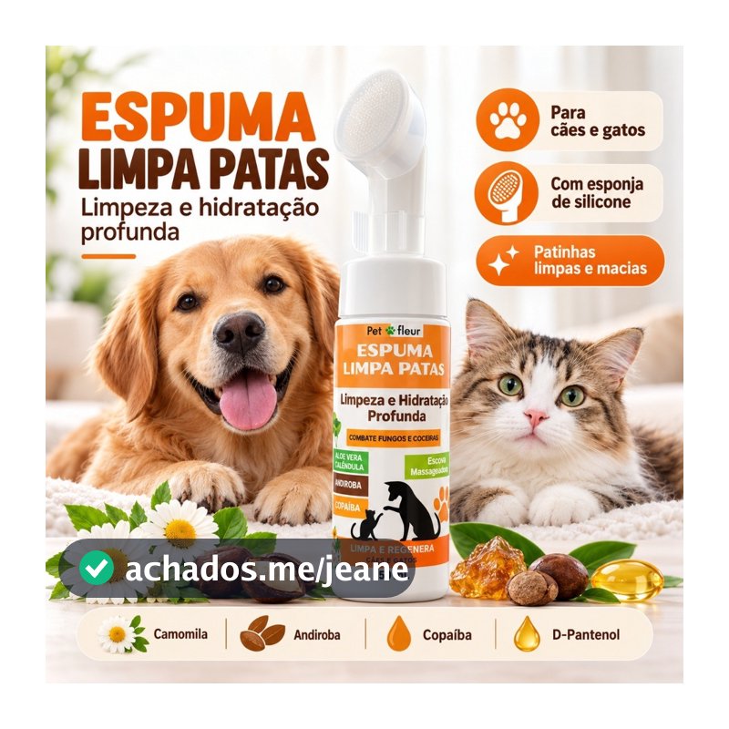Espuma Limpa Patas Cães e Gatos  função antifúngica com Escova massageadora Óleo de Andiroba Vitamina E