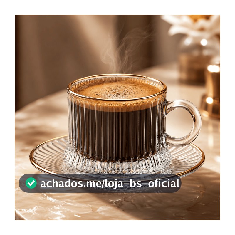 Jogo 6 Xícaras Café Chá Vidro Canelado ou Liso 80ml com Pires e Borda Dourada