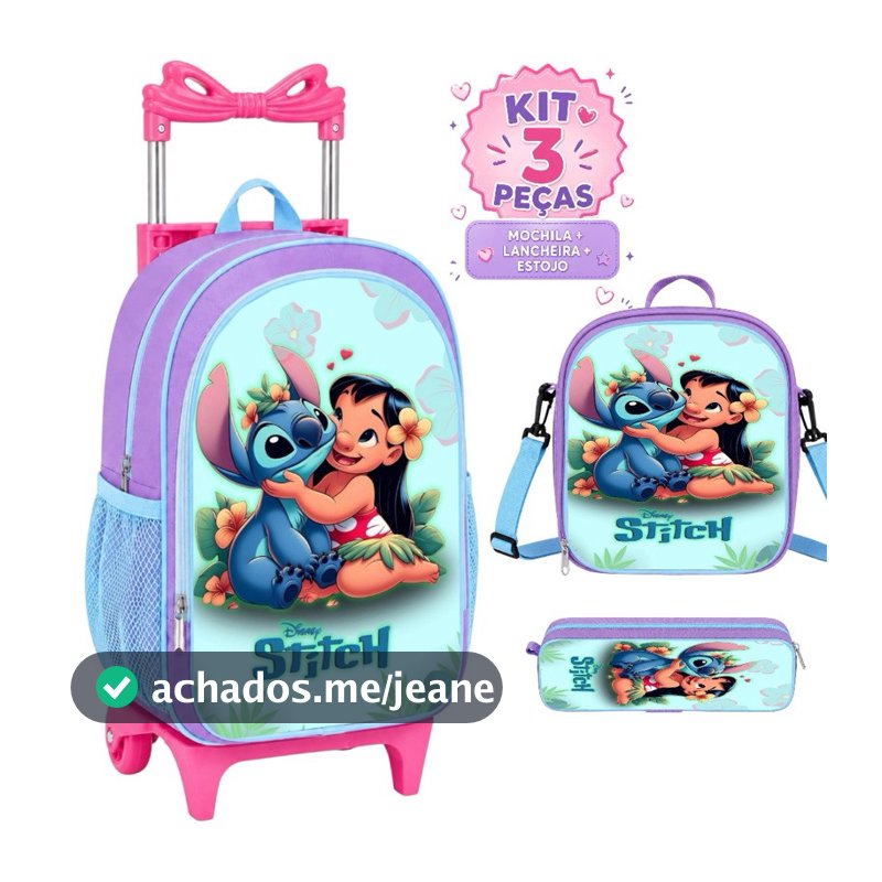 Kit escolar Mochila Infantil Rodinha Feminina Lilo e Stitch Escolar + Lancheira Termica + Estojo