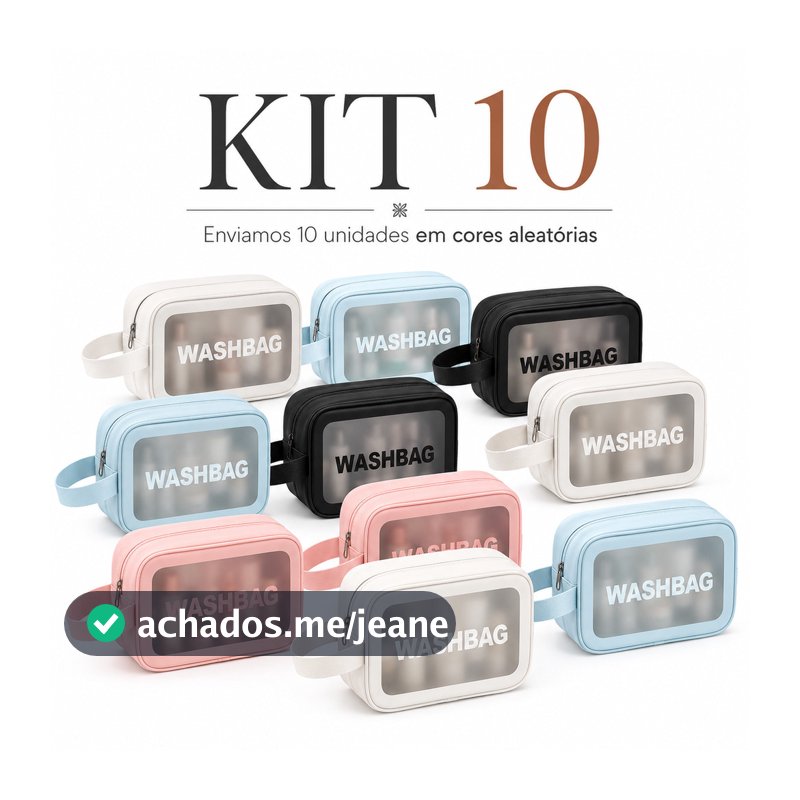 KIT 10 Necessaire Organizadora Washbag Transparente com Alça e Zíper para Maquiagem Viagem Skincare 24cm