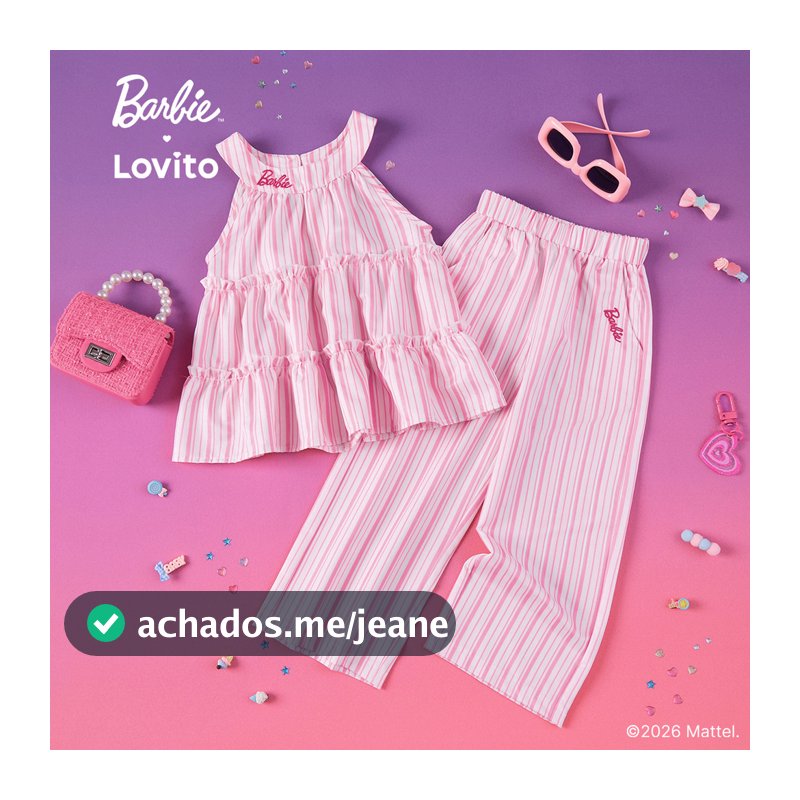 Barbie™ X Lovito Kids Conjunto Rosa Menina Top Sem Mangas Gola Halter e Calça Reta Bordada Bolsos LBL5AD034