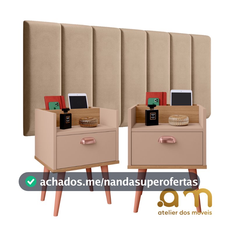Conjunto P/ Quarto Cabeceira MODULAR 0.90 à 1.95 Cama BOX C/ 2 Mesas de Cabeceira Milena Pés Retrô