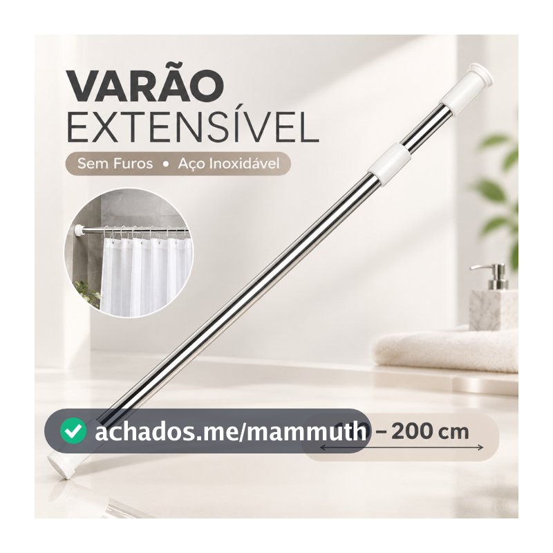 Varão Extensível 110-200cm Sem Furos Aço Inoxidável Para Box Cortina Guarda-Roupa Divisória