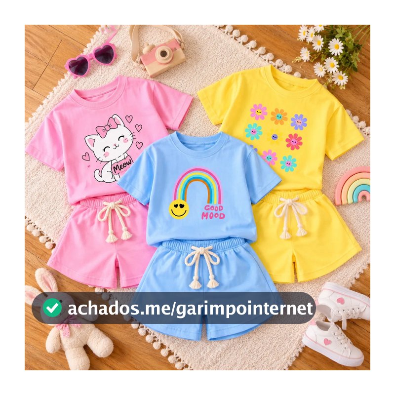 Kit 6 Peças Roupa Infantil Menina (3 Blusas + 3 Shorts) Kit 3 Conjunto Infantil Menina Dia a Dia Verão Feminina