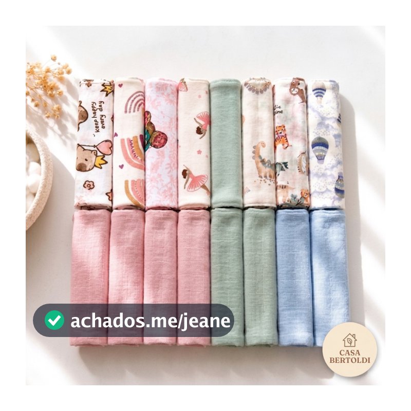 Kit 8 Pano Boca Bebê Fraldinha Toalha 100% Algodão Macio Estampado Sortido Enxoval Menino Menina Ros