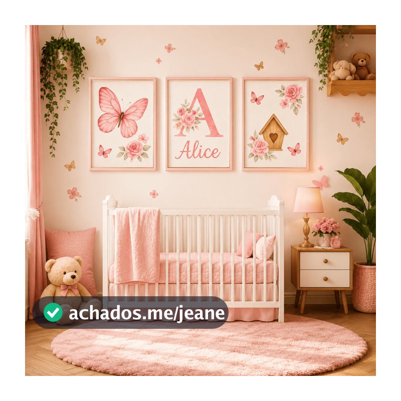 Quadro decorativo 3 peças Borboleta Nova Rosa Flores Personalizado com nome quarto infantil
