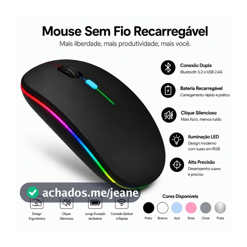 Mouse Sem Fio Recarregável Wireless LED RGB Silencioso Ergonômico PC Notebook Tablet Celular