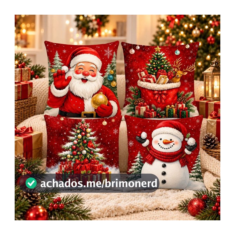 Almofadas Decorativas de Natal Kit 4 Capas Papai Noel Feliz Natal 45x45 cm