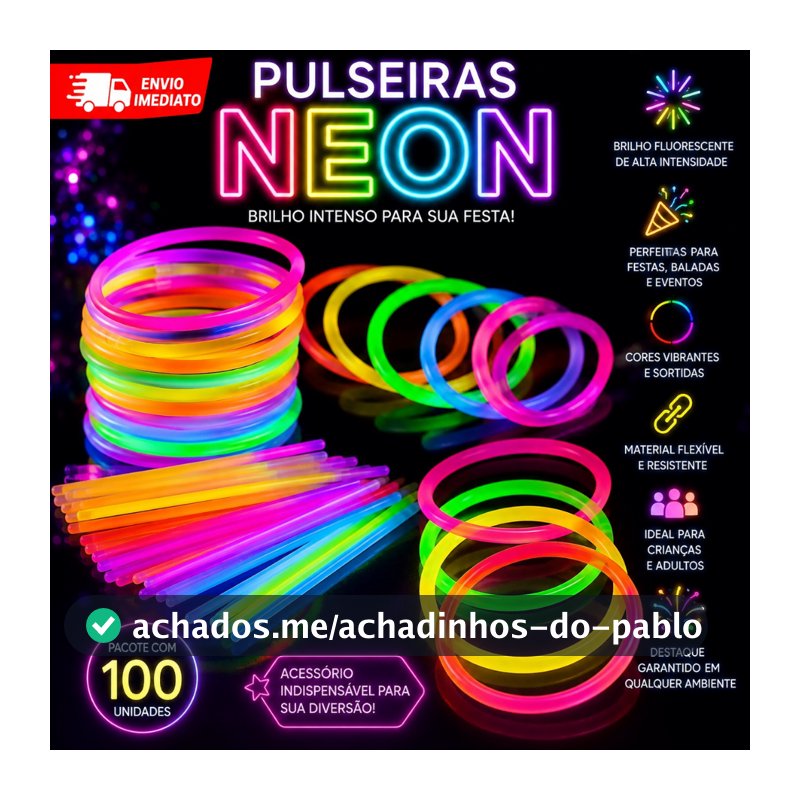 Kit com 100 Pulseiras Neon Alto Brilho Fluorescente Tubo Diversas Cores Brilha no Escuro Festas
