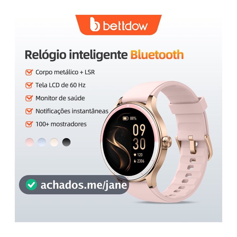 Smartwatch feminino BETTDOW: tela LCD de 1,27 polegadas, resistência à água IP68, caixa de liga metálica, modo esportivo