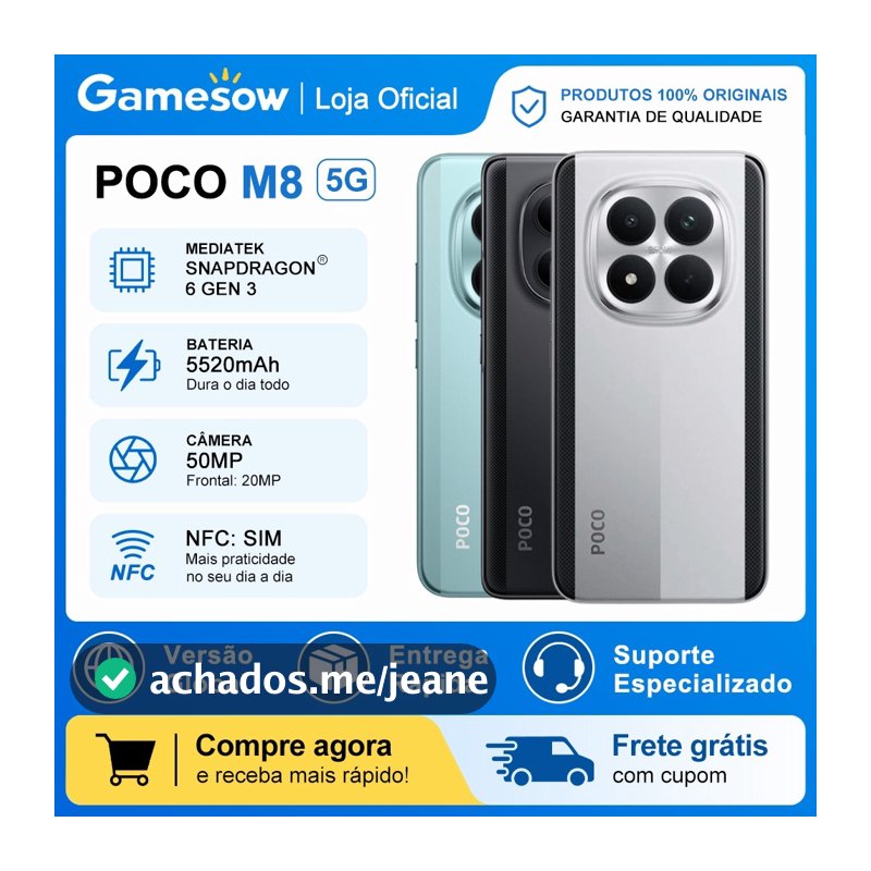 Xiaomi Poco M8 5G, Versão Global, Processador Snapdragon 6 Gen 3, Câmera de 50MP, Bateria 5520mAh, 512/256GB e 8GB RAM