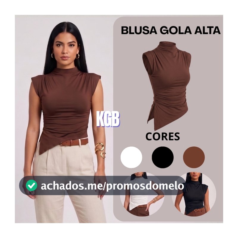 Blusa Gola Alta Básica Assimétrica Regata Manga Curta Dia a Dia Elegante Formal Festas  Casual