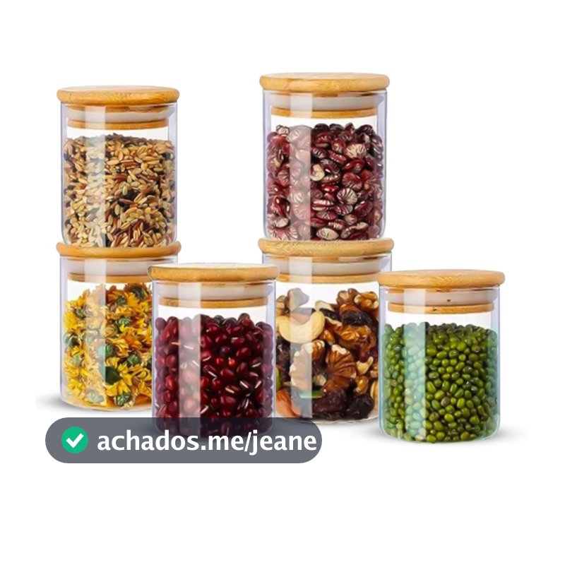 Kit Potes Hermético 200ml De Mantimentos Redondo Com Tampa Bambu