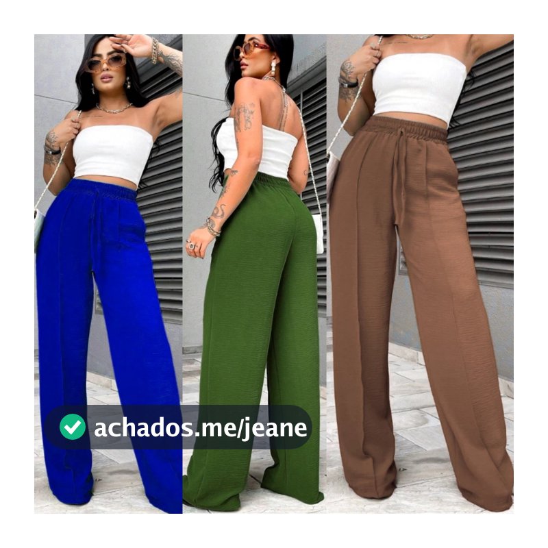 Calças Feminina Pantalona Wide Leg Duna com Bolso Cintura Alta Tendência
