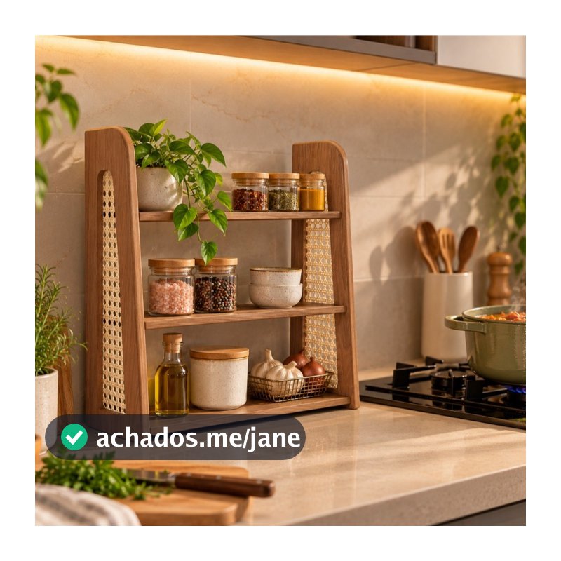 Estante Porta Temperos 3 Prateleiras MDF Palha Indiana Natural Boho Cozinha