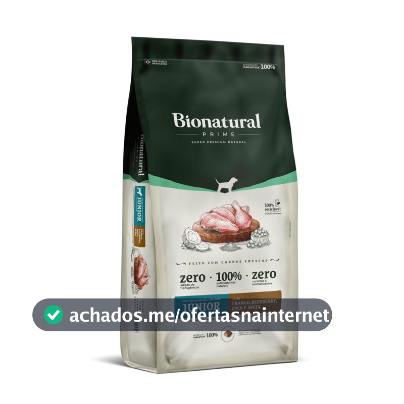 Ração Bionatural Prime Júnior Raças Médias e Grandes 15 kg Frango, Blueberry, Coco e Aveia