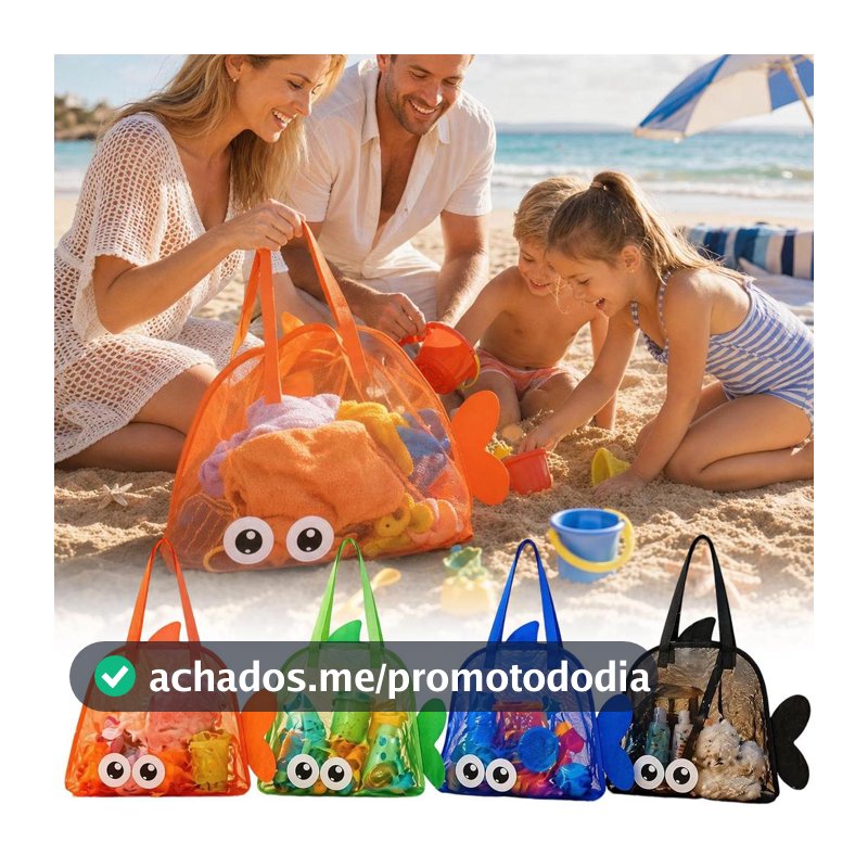 Bolsa De Praia Estilo Peixe De Malha Respirável-Organizador De Brinquedos De Areia Grande Dobrável-Infantil De Desenho A