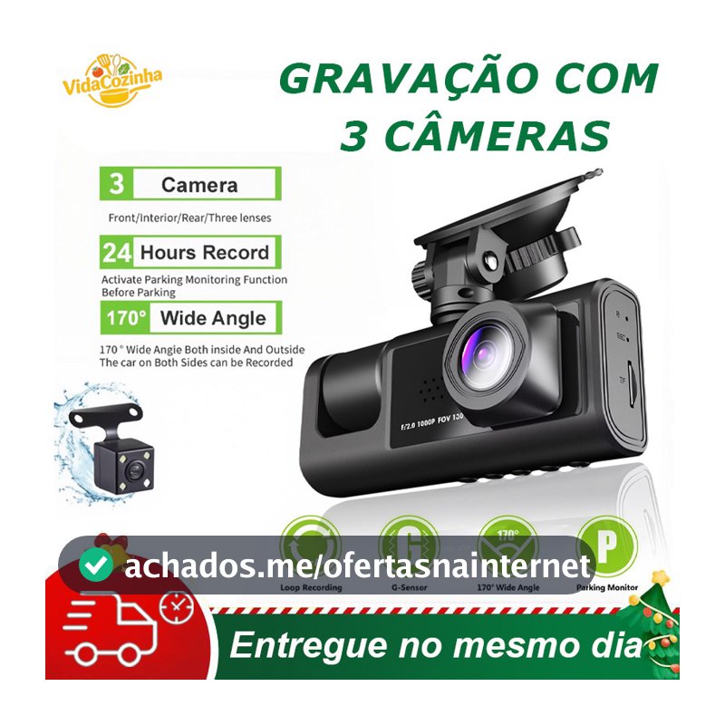 Gravador Veicular Tela Ventosa 3 Lentes (Frontal + Interna + Traseira) com Tela LCD | DVR Automotivo com Visão Noturna