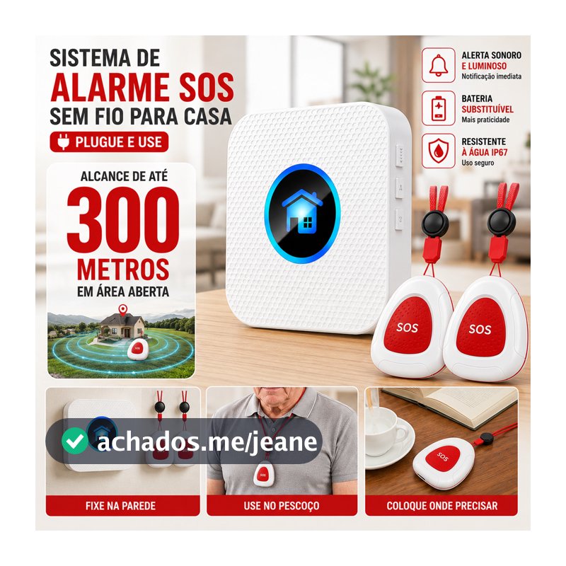 Botão SOS Idoso Sem Fio Alarme de Emergência 300m Chamada Residencial IP67