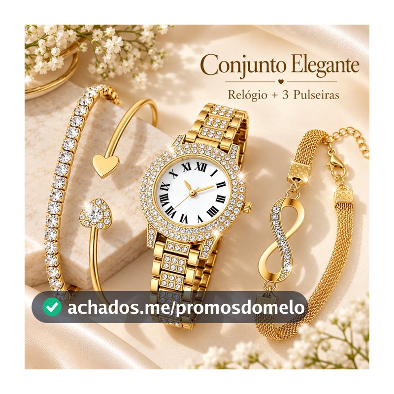 Kit Relógio Feminino Dourado + 3 Pulseiras Coração Infinito Strass 4 Peças