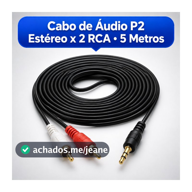Cabo de Áudio Auxiliar P2 3,5mm Macho x 2 RCA Macho Estéreo 5 Metros TV Som Home Theater Caixa Amplificador Notebook PC