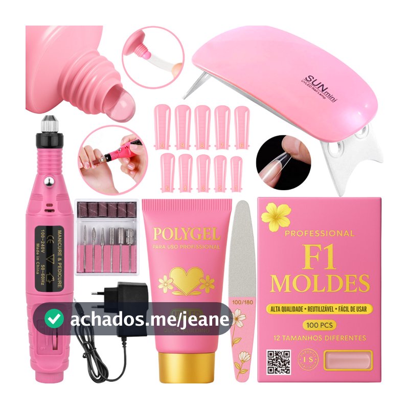 Kit  de Unha Gel completo Iniciante Manicure Alongamento Cabine Sun Mini Unhas Polygel Molde F1 Lixa Lixadeira Elétrica